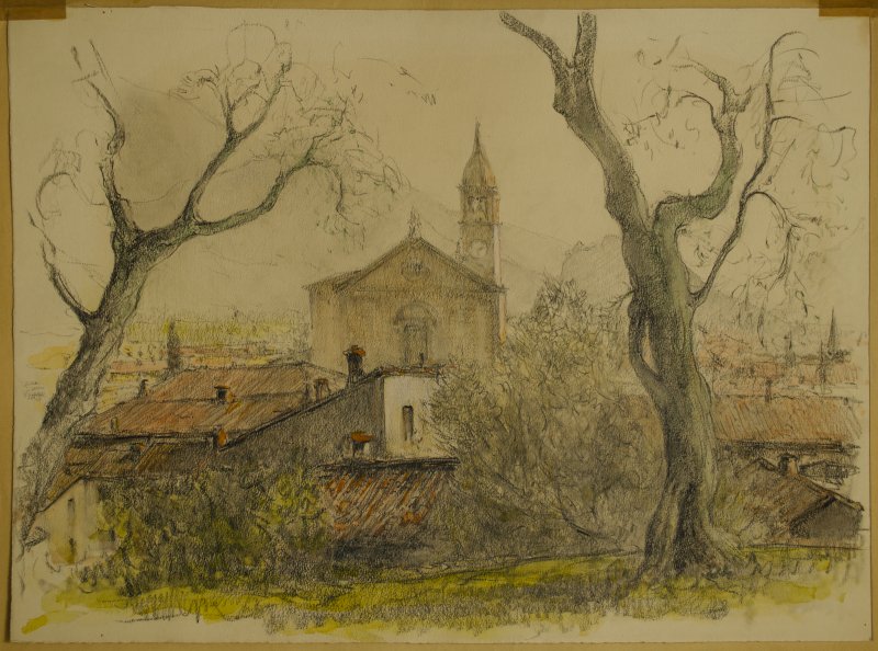 1953-1958 ca. - Paesaggio in Trentino con chiesa e campanile